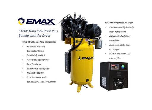 EMAX 10hp Industrial Plus Bundle with a 10hp 80 Gallon Vertical Compressor and 30 CFM Refrigerated Air Dryer, featuring Silent Air System and R134 environmentally friendly refrigerant