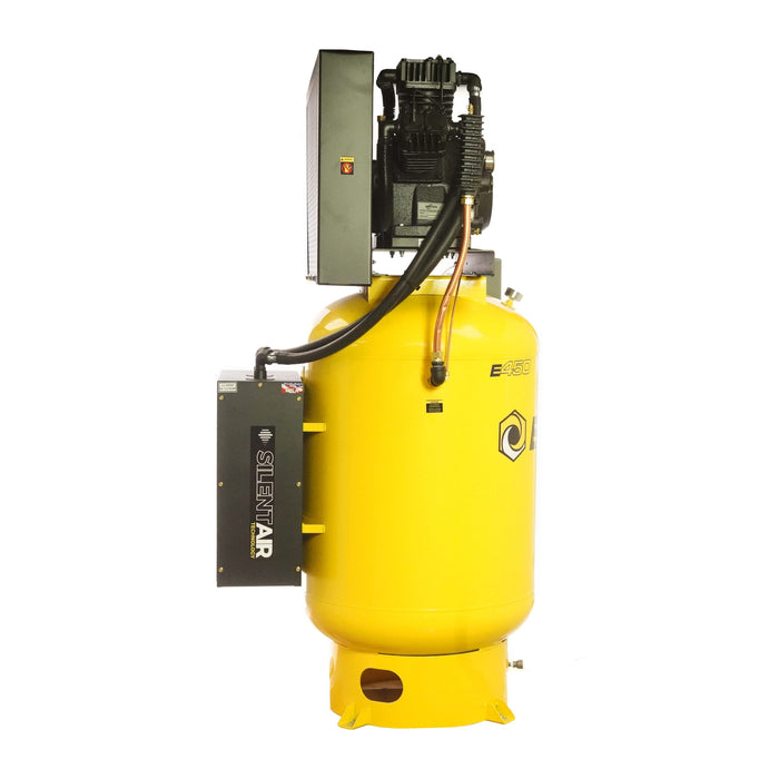 Side view of the EMAX E450 Series 15HP Air Compressor showcasing the 3 Cylinder Piston and Silent Air System