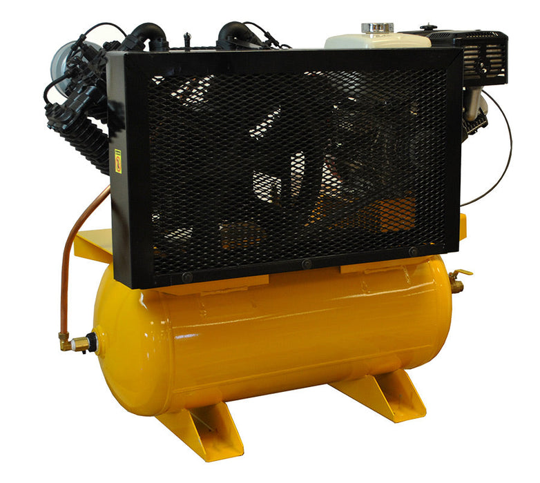 Rear view of the EMAX E450-GR Wheelbarrow Air Compressor showing the cooling system and wheel support