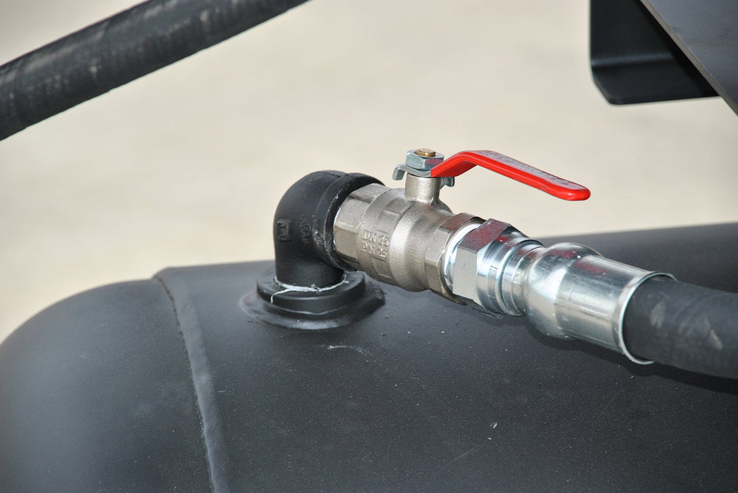 Close-up shot of the metal tank valve on the EMAX ERV0151203 Industrial Plus E4500 Series compressor, showing the red lever and pipe connection.