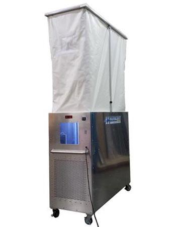A large, stainless steel HEPACART Autolift Mobile filtration unit on wheels, with a white plastic containment tent attached to the top.