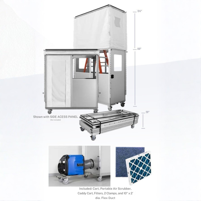 Abatement Technologies AIRE GUARDIAN AG5000KIT mobile dust containment cart shown extended collapsed and with included air scrubber filters and flex duct