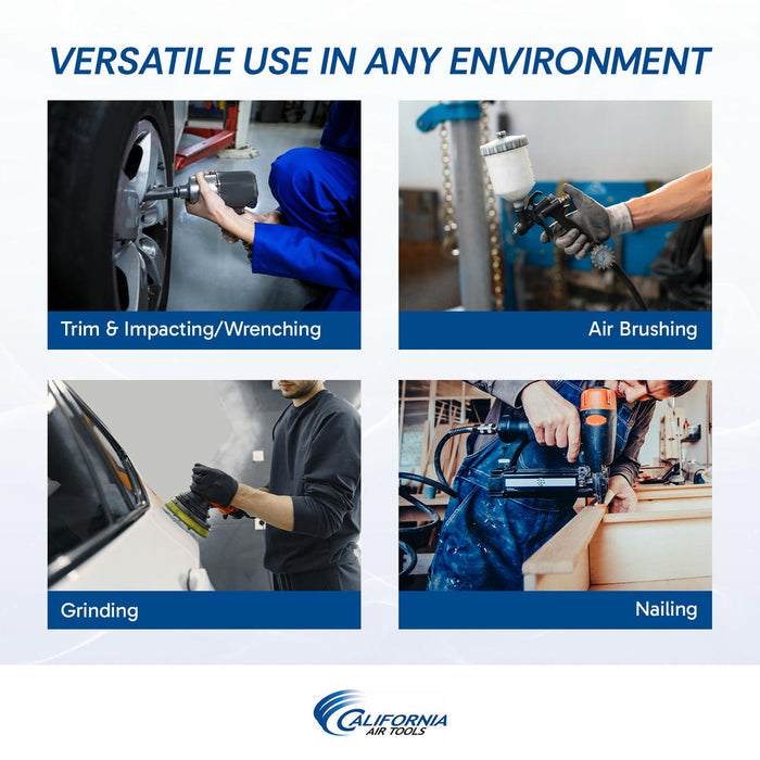 Common applications for a 60 gallon air compressor including impacting, air brushing, grinding, and nailing