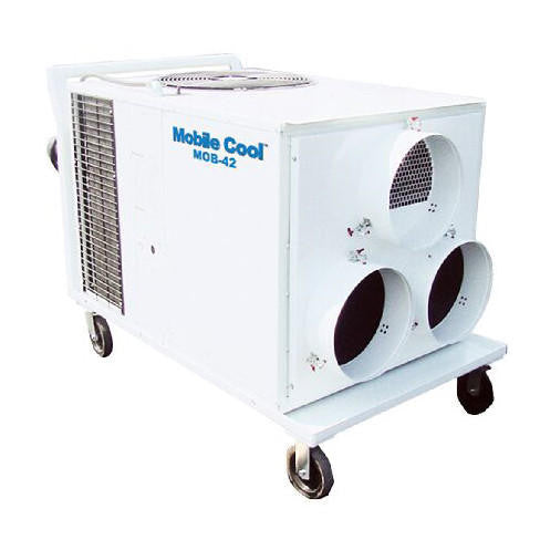 Front view of TEMP-AIR Airrex 42,000 BTU 3.5-ton portable air conditioner with multiple duct outlets and caster wheels