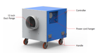 A labeled diagram of a blue and white Airrex Portable Air Scrubber HSC-HEPA2000. It has a 12-inch duct flange, a controller, a power cord hanger, a handle, and four wheels.
