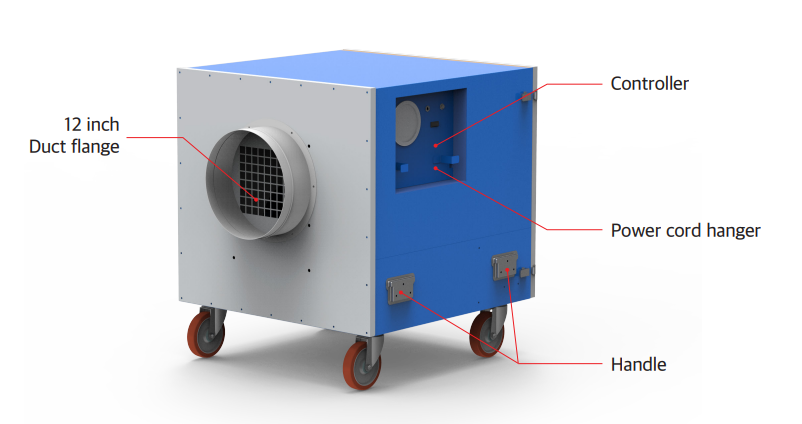 A labeled diagram of a blue and white Airrex Portable Air Scrubber HSC-HEPA2000. It has a 12-inch duct flange, a controller, a power cord hanger, a handle, and four wheels.