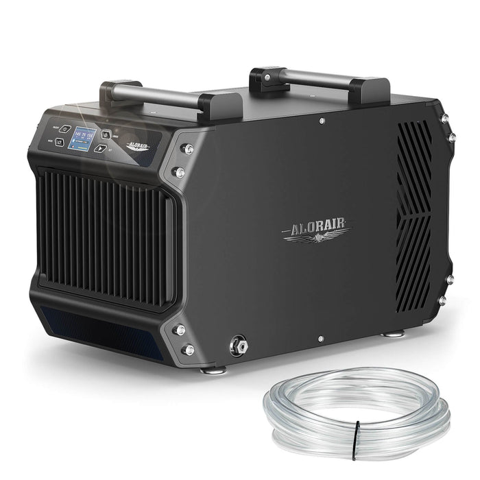 Front view of the AlorAir Galaxy 85P crawlspace dehumidifier with black metal housing, dual carry handles, air intake grille, and drain hose.