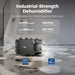 AlorAir Galaxy 60 crawlspace dehumidifier infographic showing 145 PPD saturation capacity, 60 PPD AHAM rating, and 1,800 sq. ft. coverage