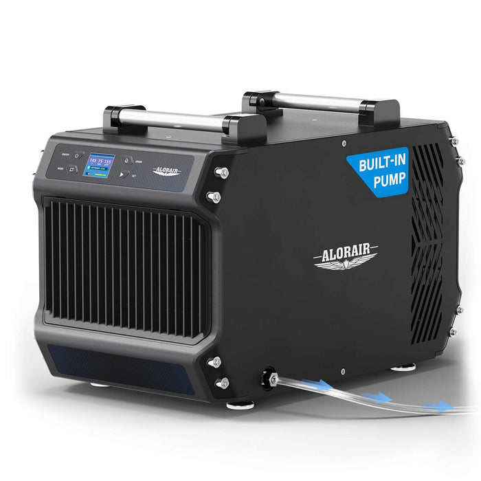 AlorAir Galaxy 60P crawlspace dehumidifier with built-in pump badge and drain hose routing water away from the unit