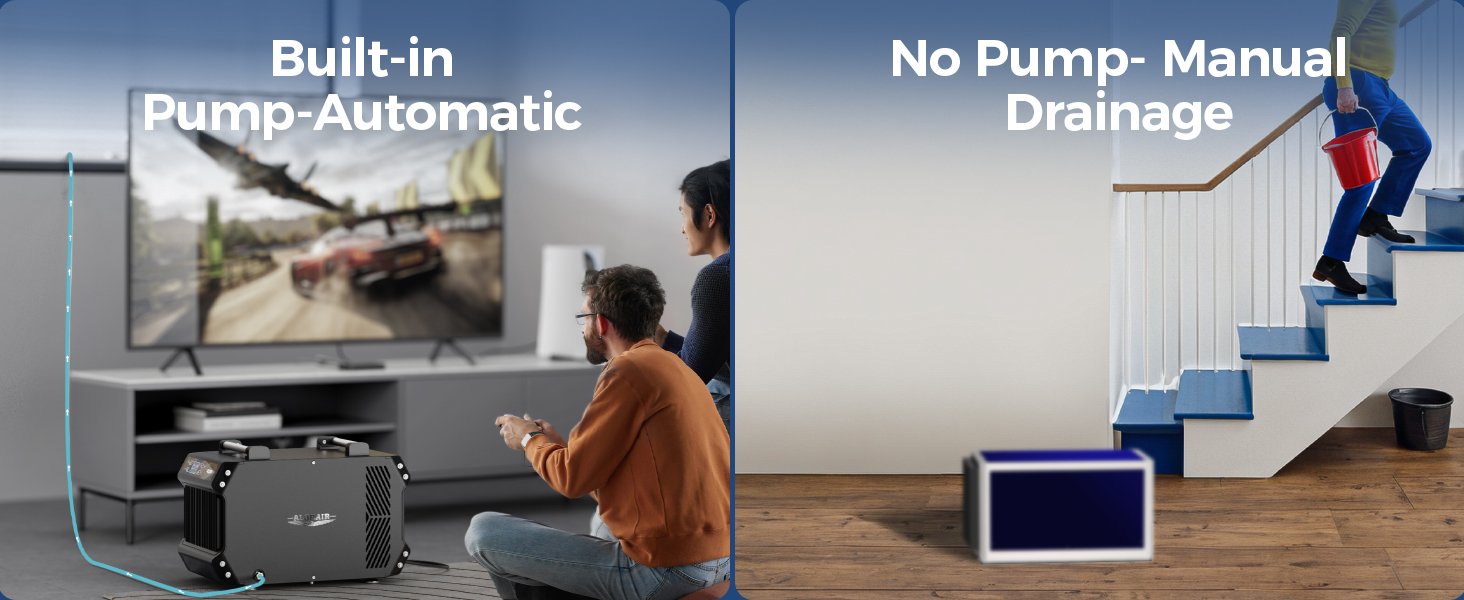 AlorAir Galaxy 85P crawlspace dehumidifier infographic showing 180 PPD moisture removal, 2,300 sq. ft. coverage, and compact dimensions.