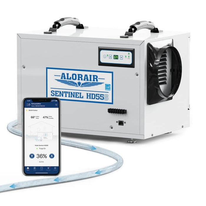 AlorAir Sentinel HD55S white WiFi dehumidifier with smartphone app and included drain hose
