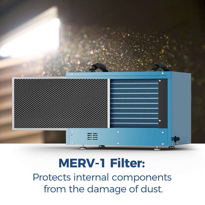 AlorAir Sentinel HD55 blue dehumidifier with MERV-1 filter panel open, protecting internal components from dust