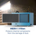 AlorAir Sentinel HD55 blue dehumidifier with MERV-1 filter panel open, protecting internal components from dust