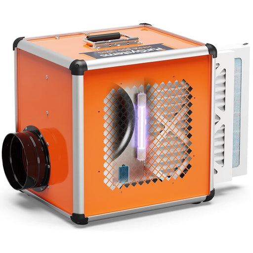 AlorAir HEPA 600 UVIG negative air scrubber shown as a compact aluminum-cabinet unit with carrying handle, ready for restoration job site use
