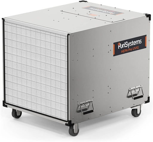 AlorAir HEPA Pro UVIG one-piece stainless steel housing shown up close, highlighting its corrosion-resistant commercial-grade construction