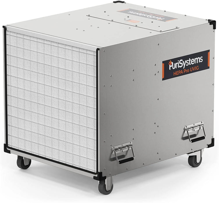 AlorAir HEPA Pro UVIG one-piece stainless steel housing shown up close, highlighting its corrosion-resistant commercial-grade construction
