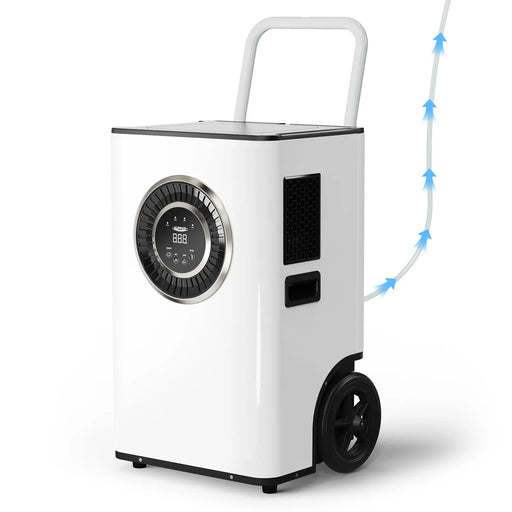 AlorAir Sentinel Elite commercial dehumidifier with drain hose attached, shown on a white background
