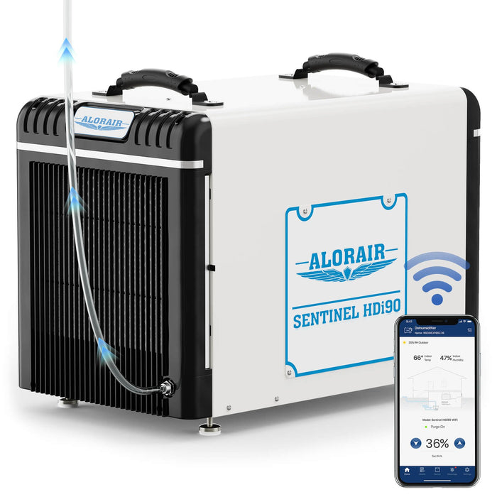 AlorAir Sentinel HDi90 WiFi crawlspace dehumidifier with smartphone app showing real-time indoor humidity and temperature