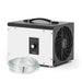 AlorAir Sentinel HS35 crawl space dehumidifier
shown at a front angle with its control knob, carrying
handle, and coiled gravity drain hose in front