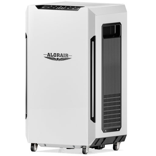 AlorAir Sentinel Pro55X commercial dehumidifier shown at an angle with intelligent touch panel and MERV-1 filter grille