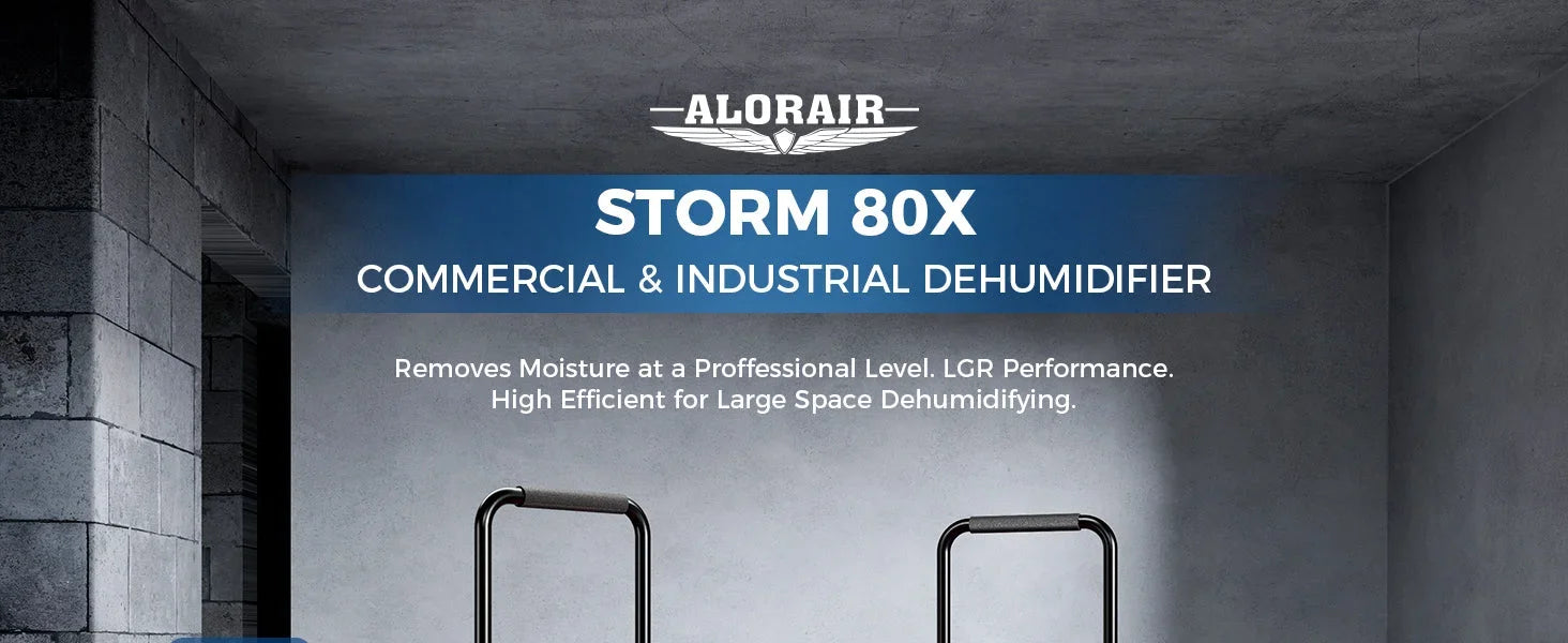 AlorAir Storm 80X commercial and industrial dehumidifier banner: removes moisture at a professional level with LGR performance