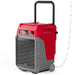 AlorAir Storm 80X commercial dehumidifier in red, shown at an angle with drain hose attached