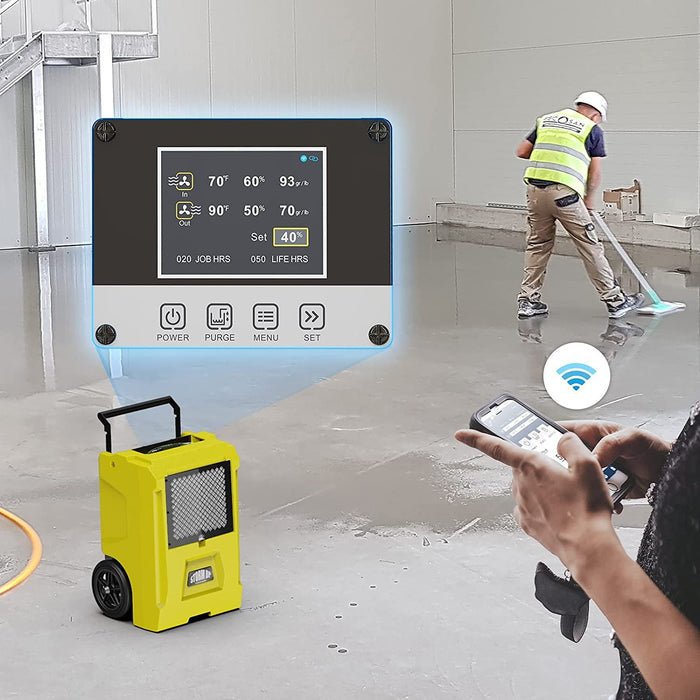 AlorAir Storm DP50 control panel display shown remotely on a smartphone app via WiFi on a construction job site