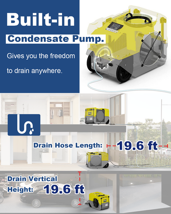 AlorAir Storm LGR 1250X Yellow WiFi dehumidifier with built-in condensate pump and long drain hose capability.