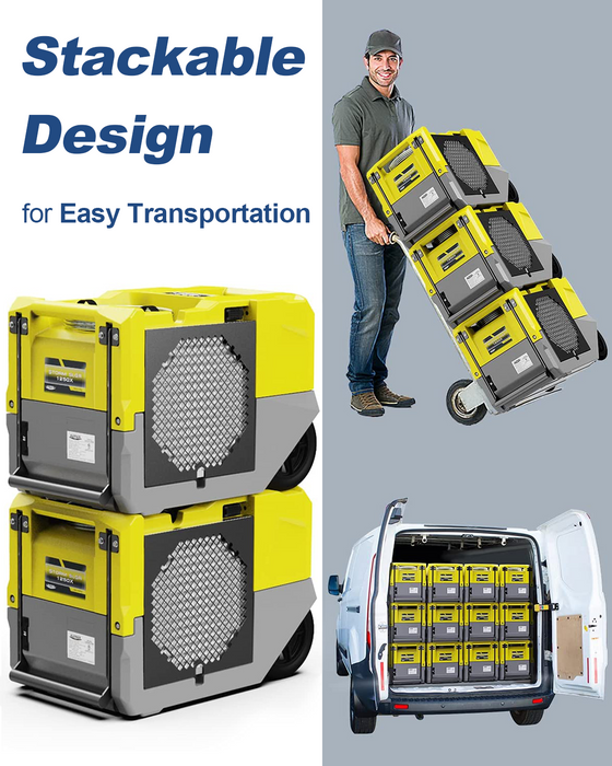 AlorAir Storm LGR 1250X Yellow WiFi dehumidifier with stackable design for transport and storage.