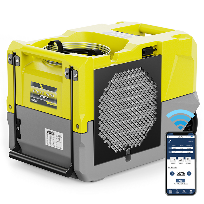 Front three-quarter view of the AlorAir Storm LGR 1250X Yellow WiFi commercial dehumidifier with app connectivity.