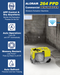 AlorAir Storm LGR 1250X Yellow WiFi dehumidifier showing app control, auto operation, memory restart, and auto defrost.