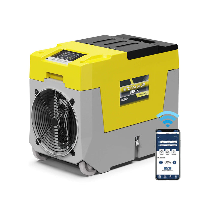 AlorAir Storm SLGR 850X commercial dehumidifier with WiFi app showing indoor and outdoor temperature, humidity, and grains readings