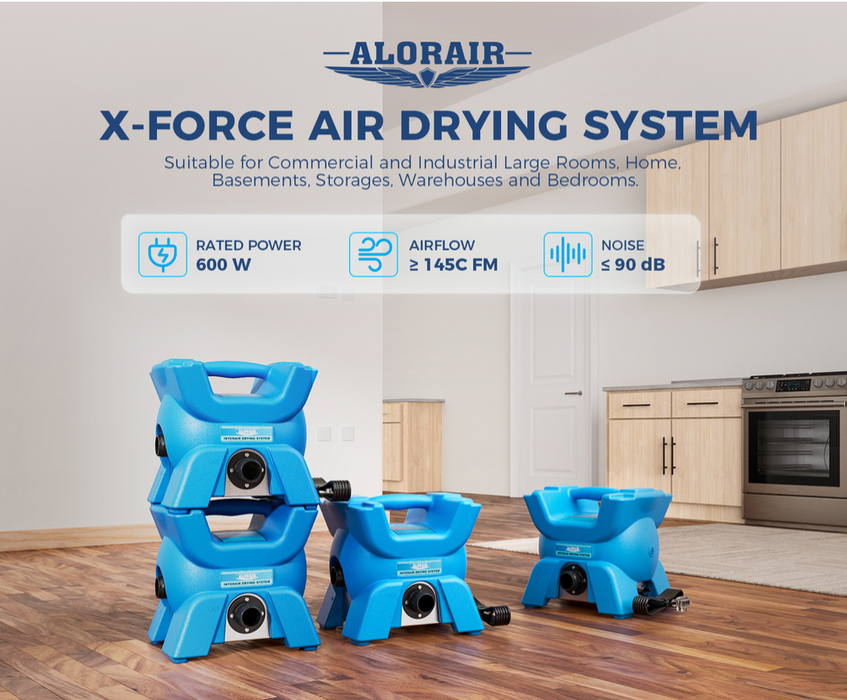 AlorAir X-Force Air Drying System blower units stacked and staged in a kitchen, with 600W rated power, airflow, and noise level callouts
