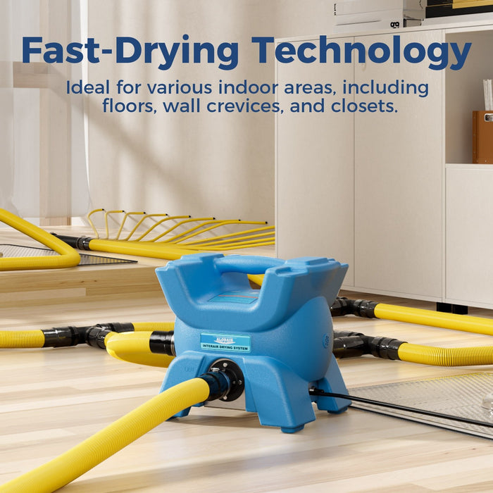 AlorAir X-Force blower with hose lines fanned out across a living room floor and up a wall crevice, demonstrating fast-drying technology