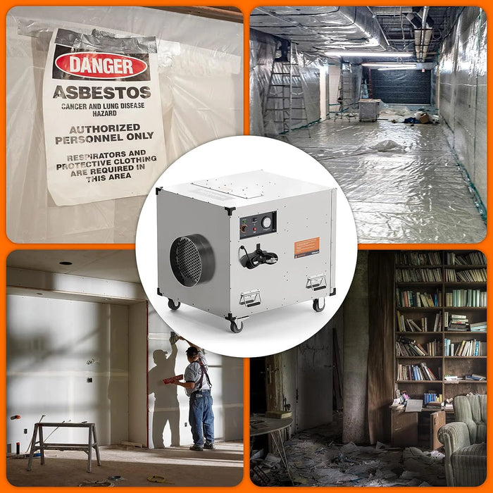 AlorAir HEPA Pro UVIG negative air scrubber set up on an asbestos abatement job site during wall remediation work