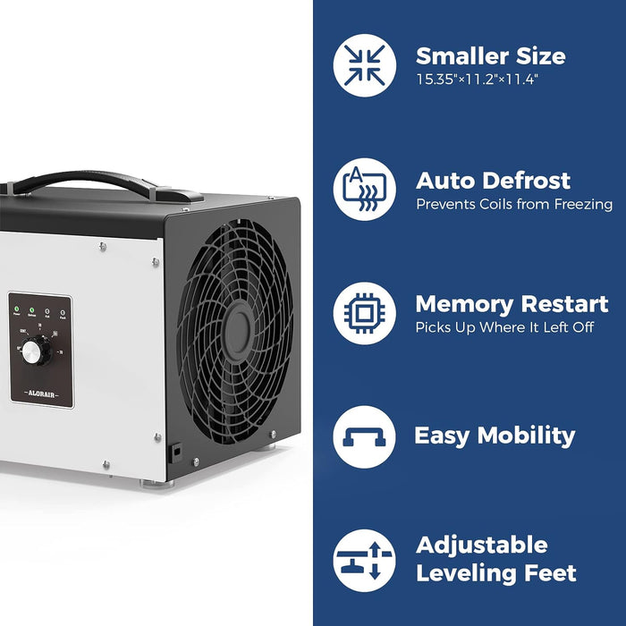 AlorAir dehumidifier feature callouts for auto defrost coil protection, memory restart after power loss, and adjustable leveling feet, shown beside the unit