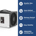 AlorAir dehumidifier feature callouts for auto defrost coil protection, memory restart after power loss, and adjustable leveling feet, shown beside the unit