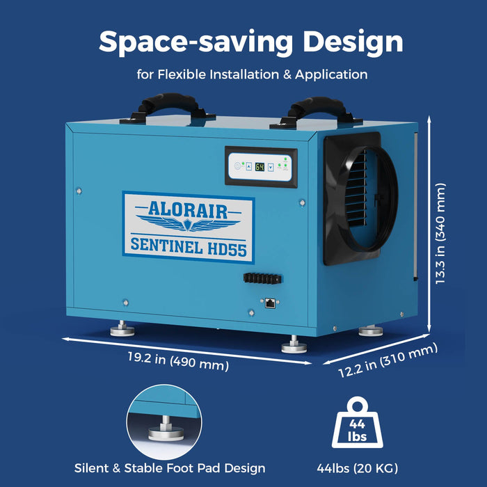 AlorAir Sentinel HD55 Blue WiFi dimensions: 19.2 x 12.2 x 13.3 inches, 44 lbs, with stable foot pads