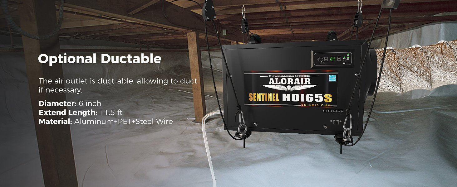 AlorAir Sentinel HDi65S dehumidifier in a crawl space showing easy access to the MERV-1 filter for maintenance
