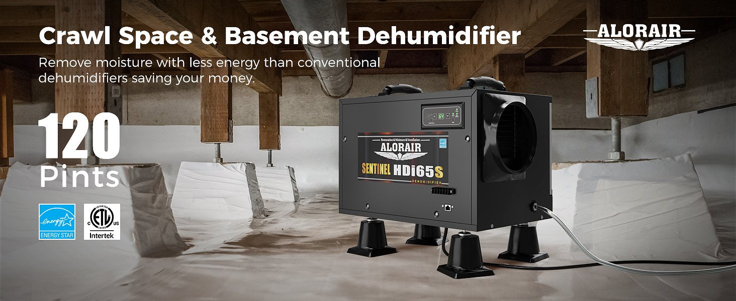 AlorAir Sentinel HDi65S dehumidifier installed in a crawl space with Energy Star and ETL certification badges