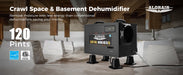 AlorAir Sentinel HDi65S dehumidifier installed in a crawl space with Energy Star and ETL certification badges