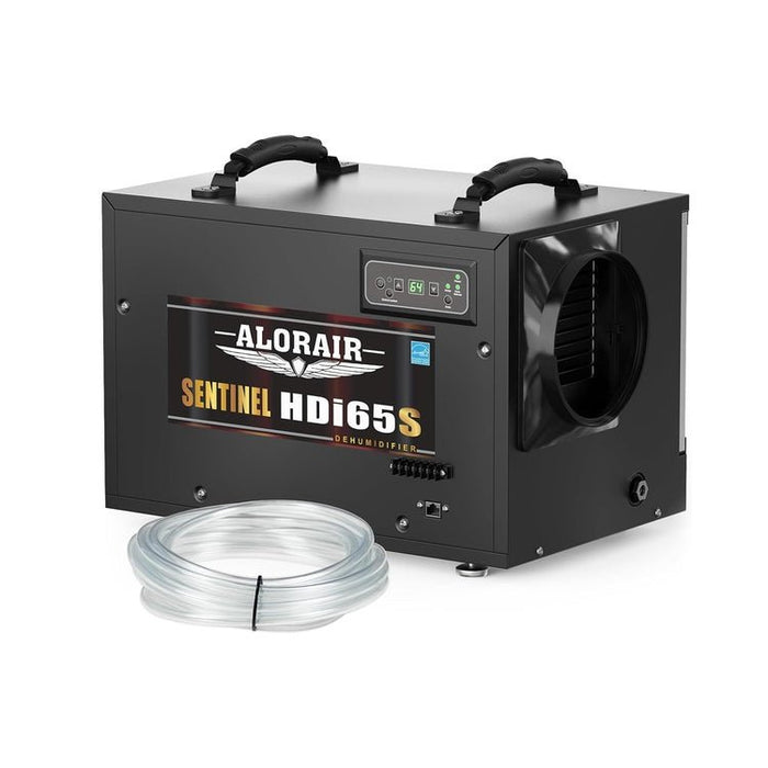AlorAir Sentinel HDi65S black crawl space dehumidifier with included drain hose on white background