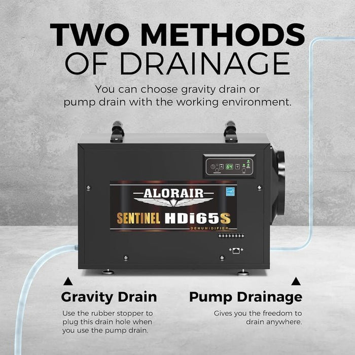 AlorAir Sentinel HDi65S dehumidifier showing two drainage methods: gravity drain and pump drainage