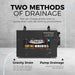 AlorAir Sentinel HDi65S dehumidifier showing two drainage methods: gravity drain and pump drainage