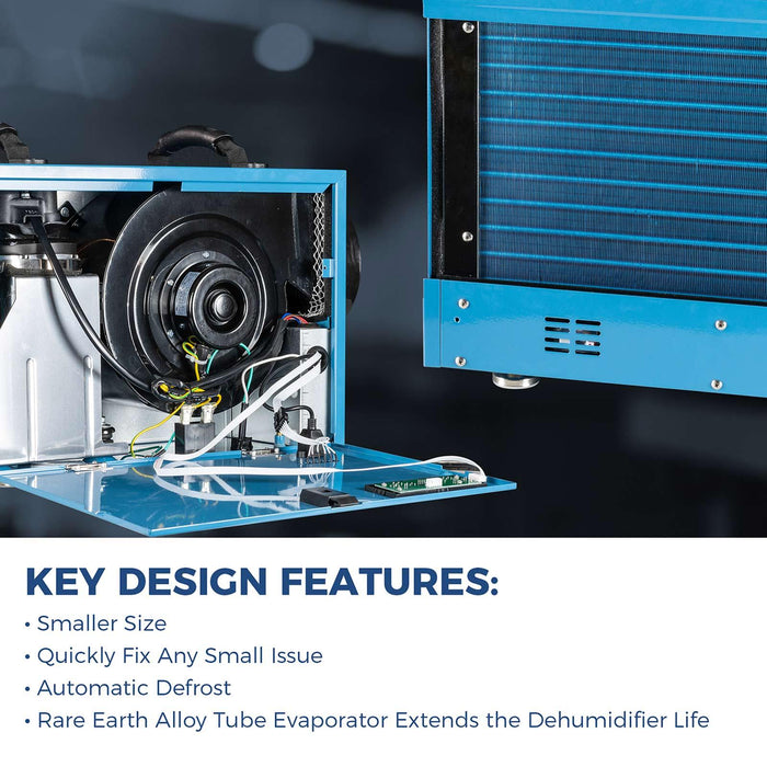Internal design of the AlorAir Sentinel HD55 dehumidifier showing the fan motor, evaporator coil, and control board