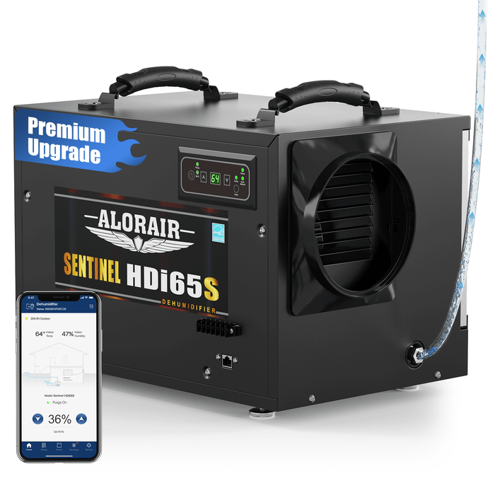 AlorAir Sentinel HDi65S black WiFi dehumidifier with smartphone app showing real-time humidity control