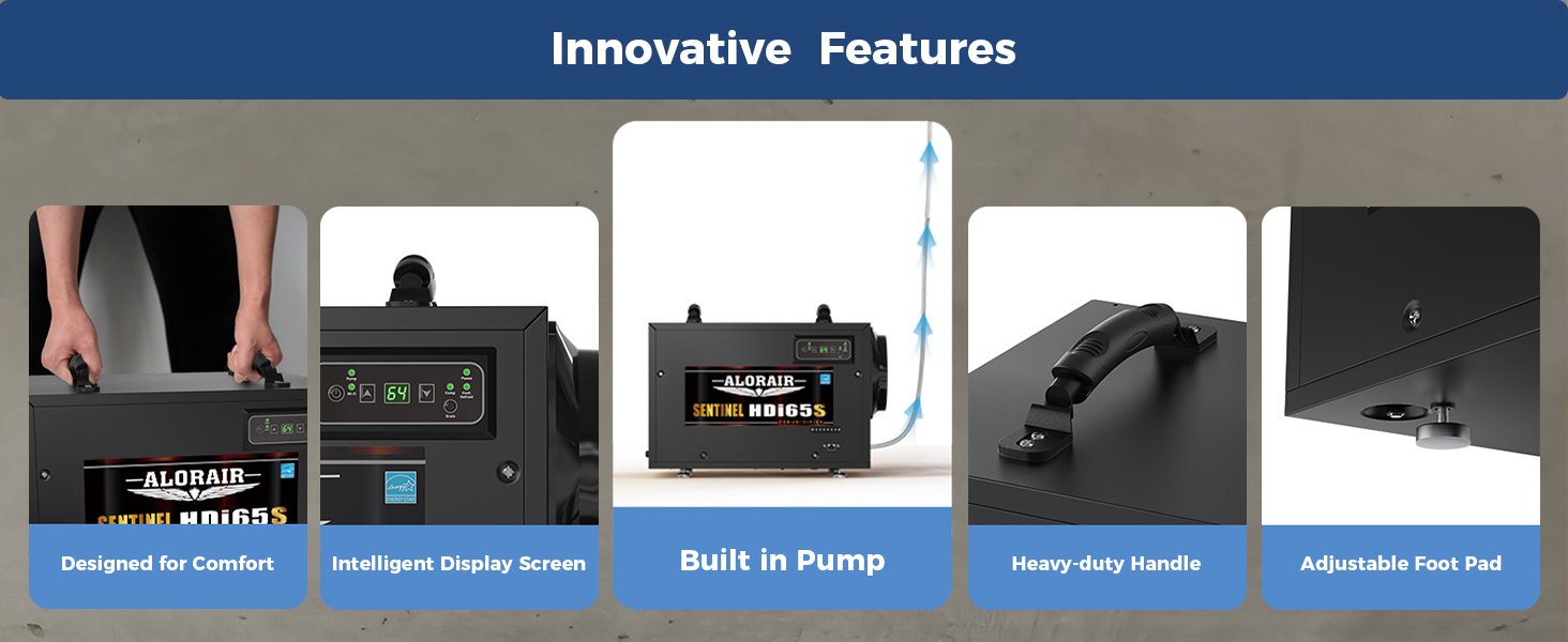 AlorAir Sentinel HDi65S innovative features: comfort handles, intelligent display, built-in pump, and foot pads