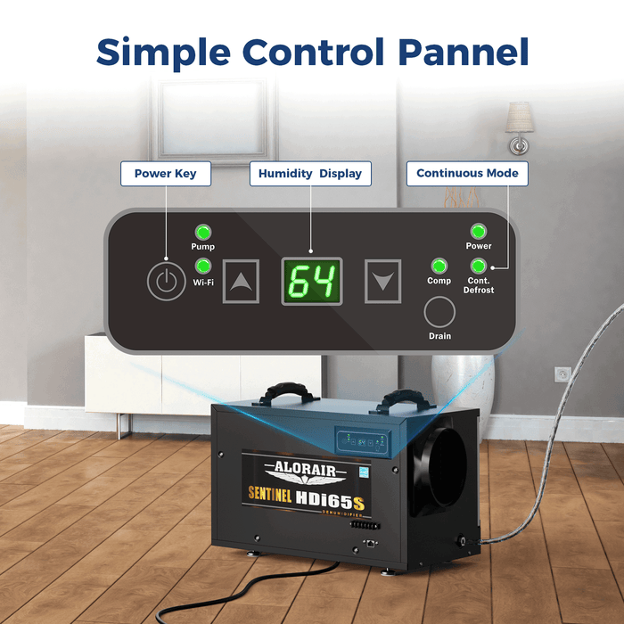 AlorAir Sentinel HDi65S control panel detail showing power key, humidity display, WiFi indicator, and continuous mode