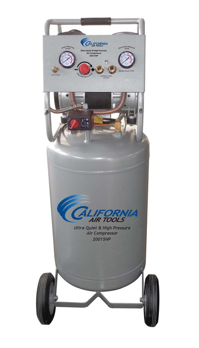 Front view of California Air Tools ultra quiet oil-free air compressor with 20 gallon steel tank and wheels