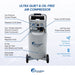 California Air Tools ultra quiet oil-free air compressor highlighting gauges, motor, connectors, regulator, and 20 gallon steel tank